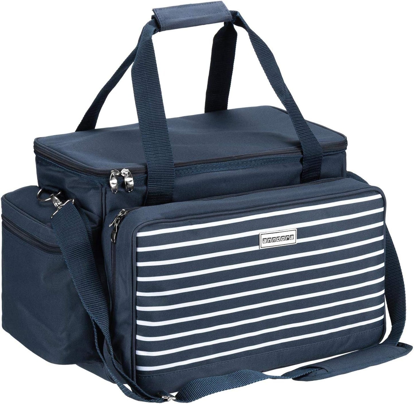 XXL Picknicktasche Set für 6 Personen (57-teilig), Navy Blau Weiss