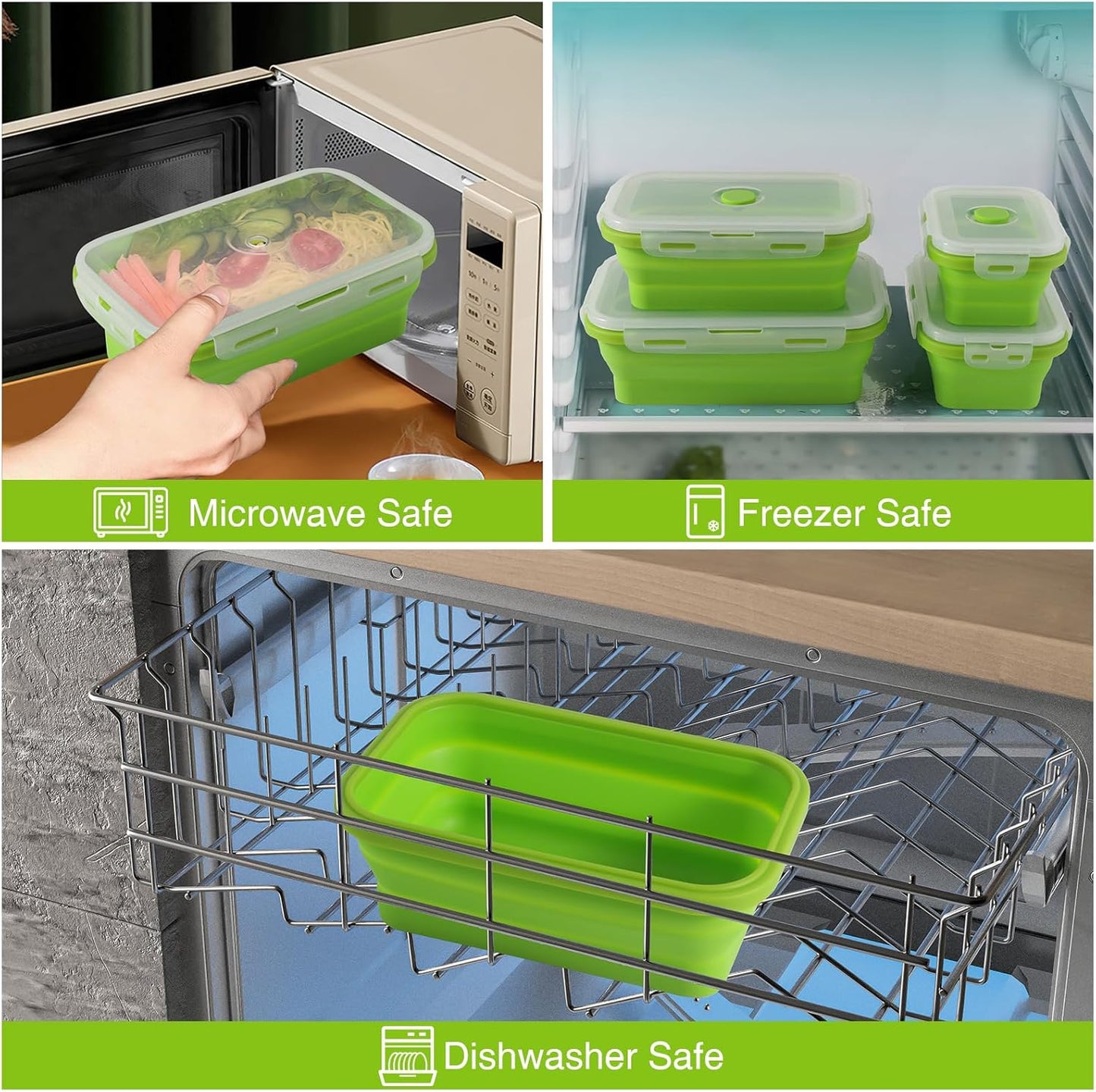 Faltbares Food Container-Set, 4-teilig mit Deckel, Hellgrün