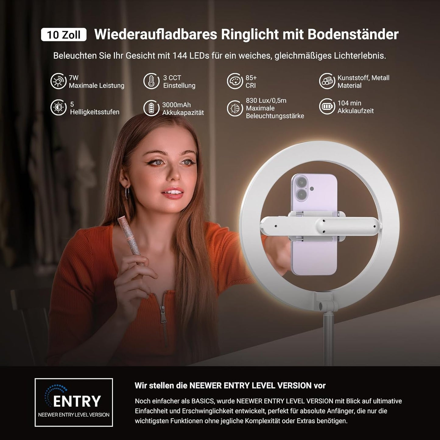 LED-Ringlicht mit Stativ & Handyhalter, Weiss 10" mit Bodenständer