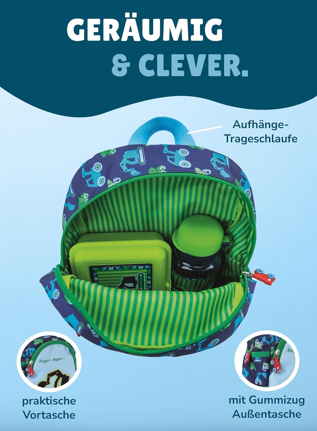 4-teiliges Kindergartenrucksack-Set, Bagger - Grün & Blau Rucksack-Set