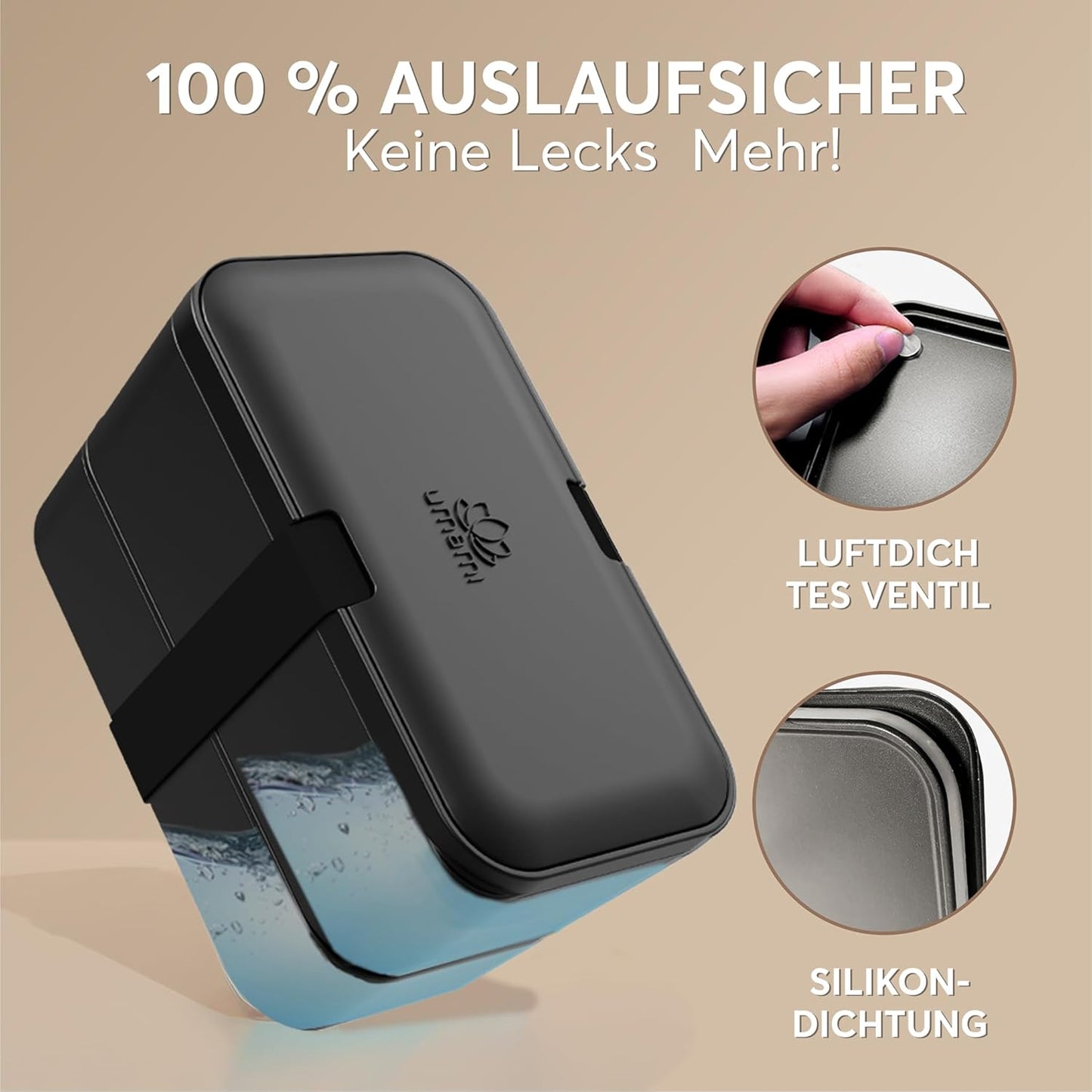 Bento Lunchbox mit Besteck & Fächern, Schwarzer Onyx L - 1500 ml