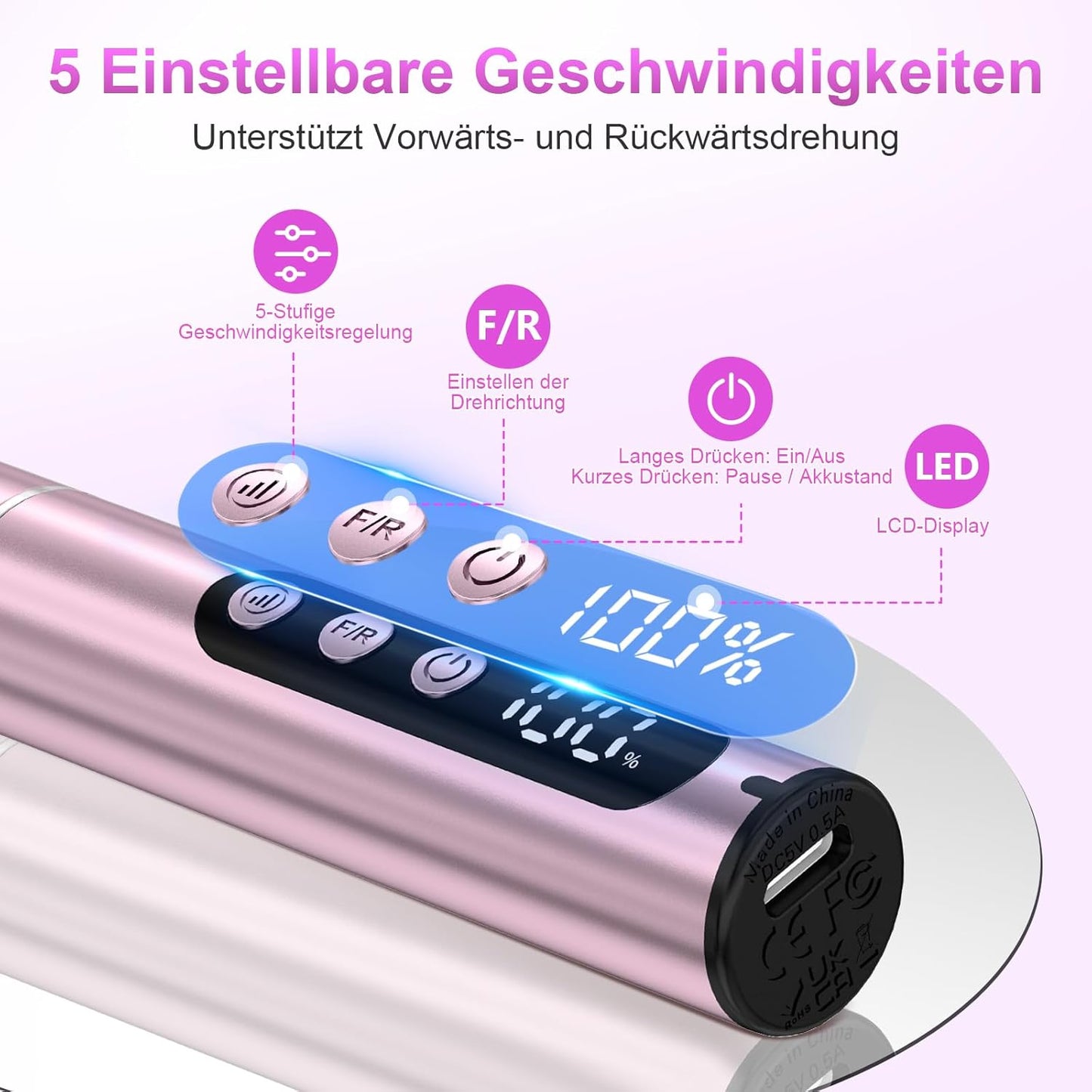 Kabelloser 12-in-1 Nagelfräser, 35000 U/Min, Rosa