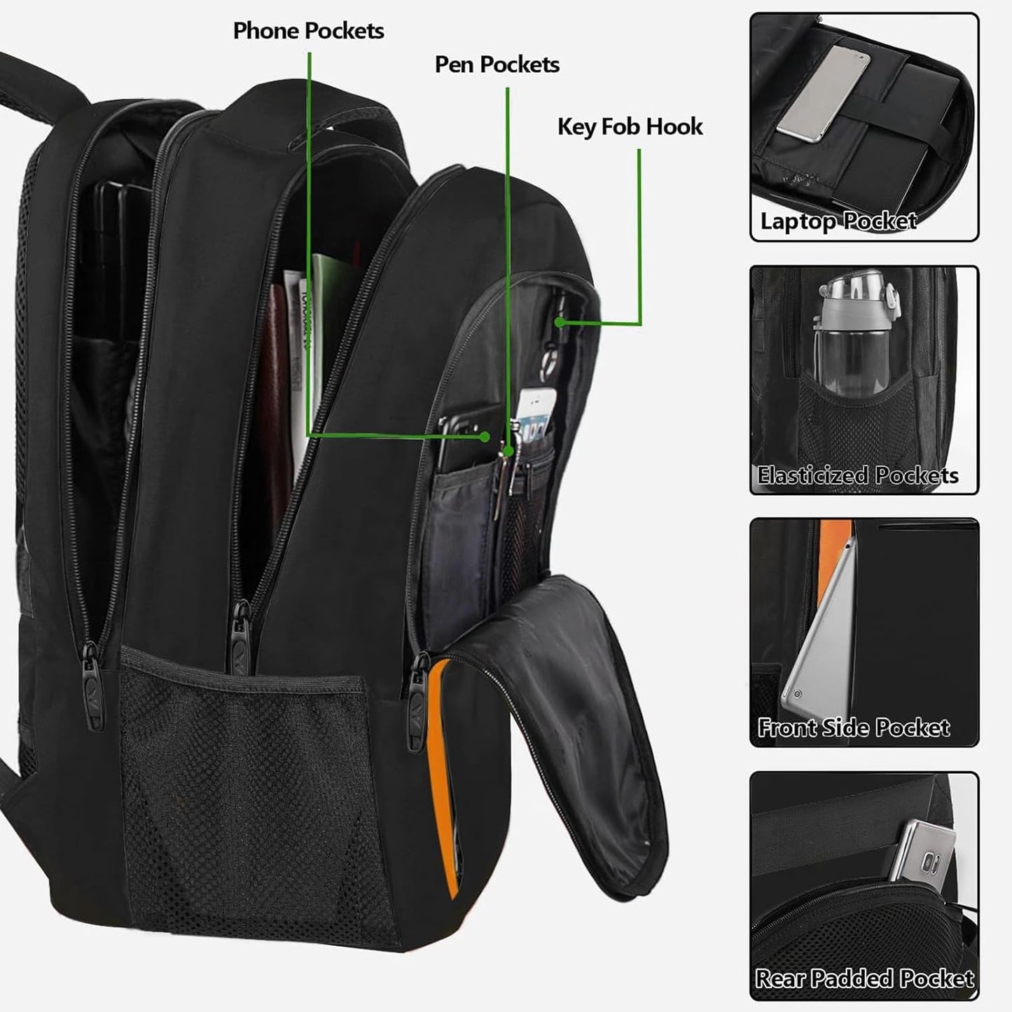 Schulrucksack mit Laptopfach, 17,3 Zoll Schwarzorange
