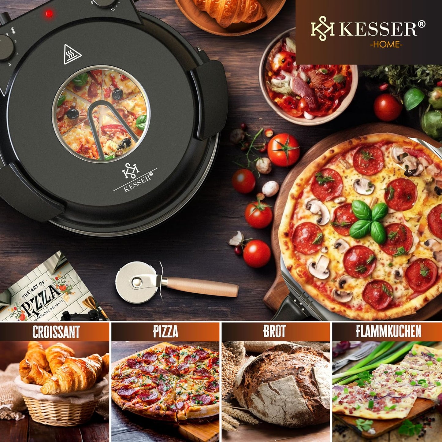 Pizza-Ofen mit feuerfester Steinplatte & Timer, Schwarz