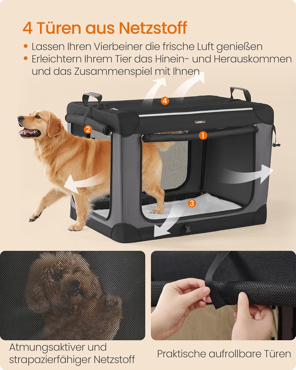 Faltbare Hundetransportbox mit Netztüren, L 91 x B 64 x H 64 cm
