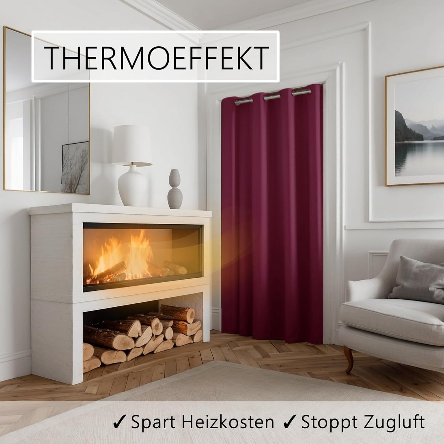 Thermo-Türvorhang mit Stange & Magneten, H200 x B150 cm (1er Pack) Türvorhang Berry + Stange Silber 55-90 Cm
