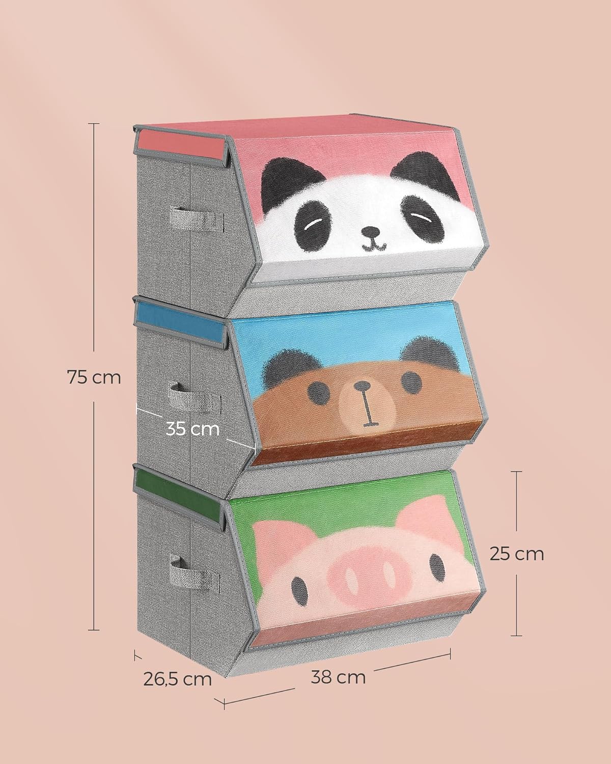 Faltbare Aufbewahrungsboxen mit Tiermotiven, 3er-Set, Panda-, Bär-, Schwein-Motive