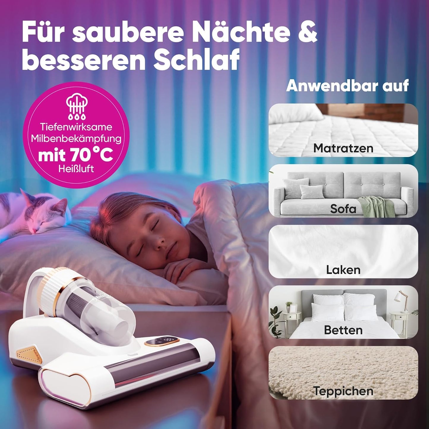 Kabelloser Milbensauger mit UV-Licht und Warmluft, Weisssd
