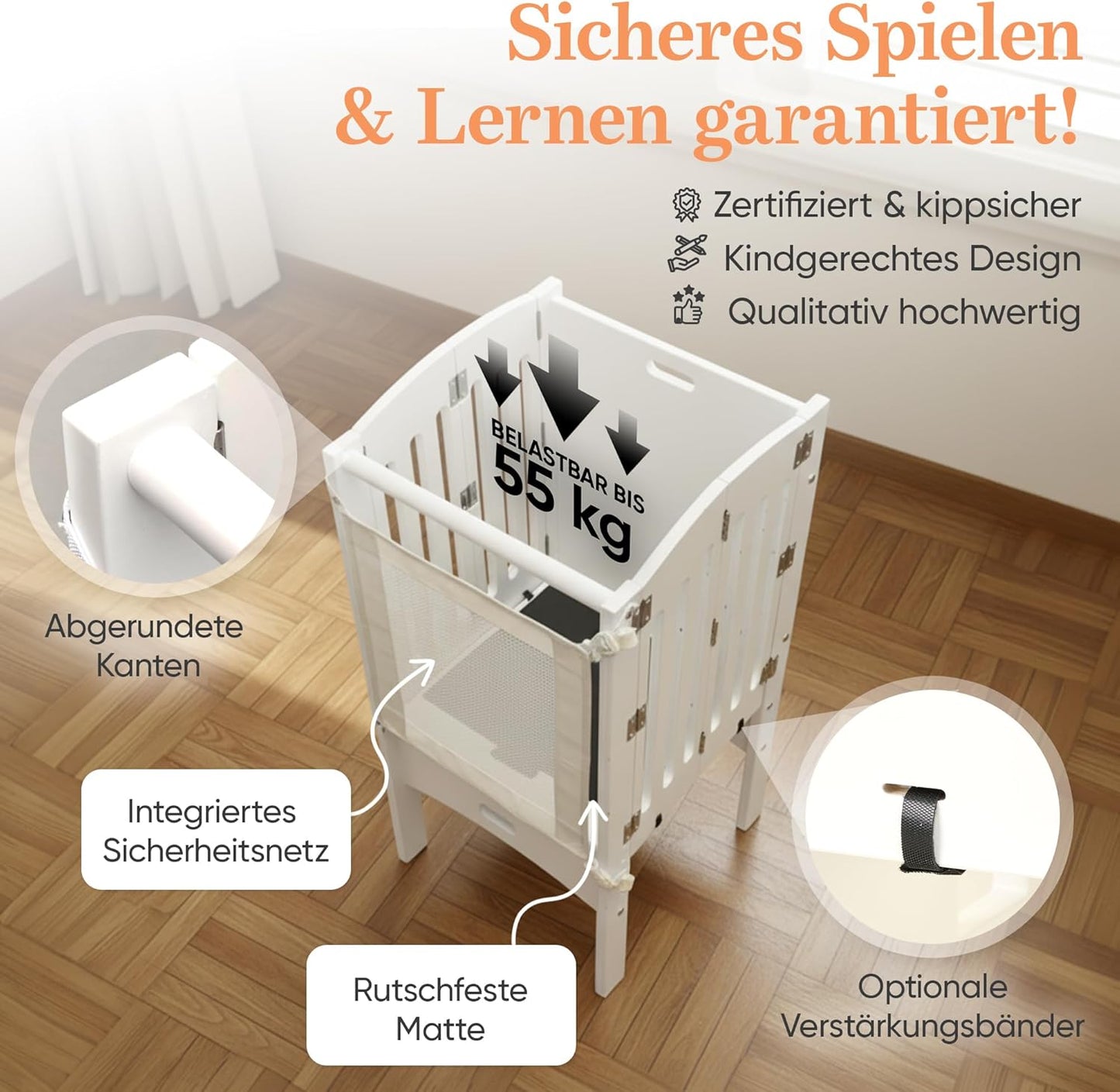 Faltbarer Lernturm ab 1 Jahr, höhenverstellbar, Weiss