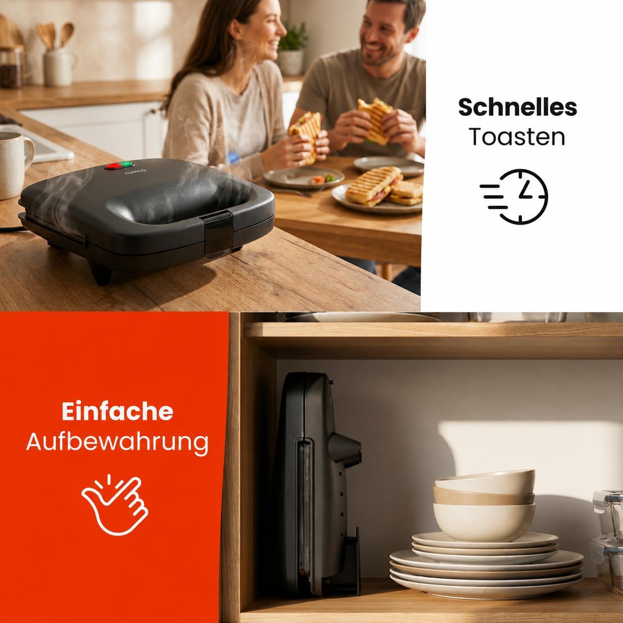 Sandwich maker grill 1000W, Schwarz 24,9 x 24,2 x 10,6 cm