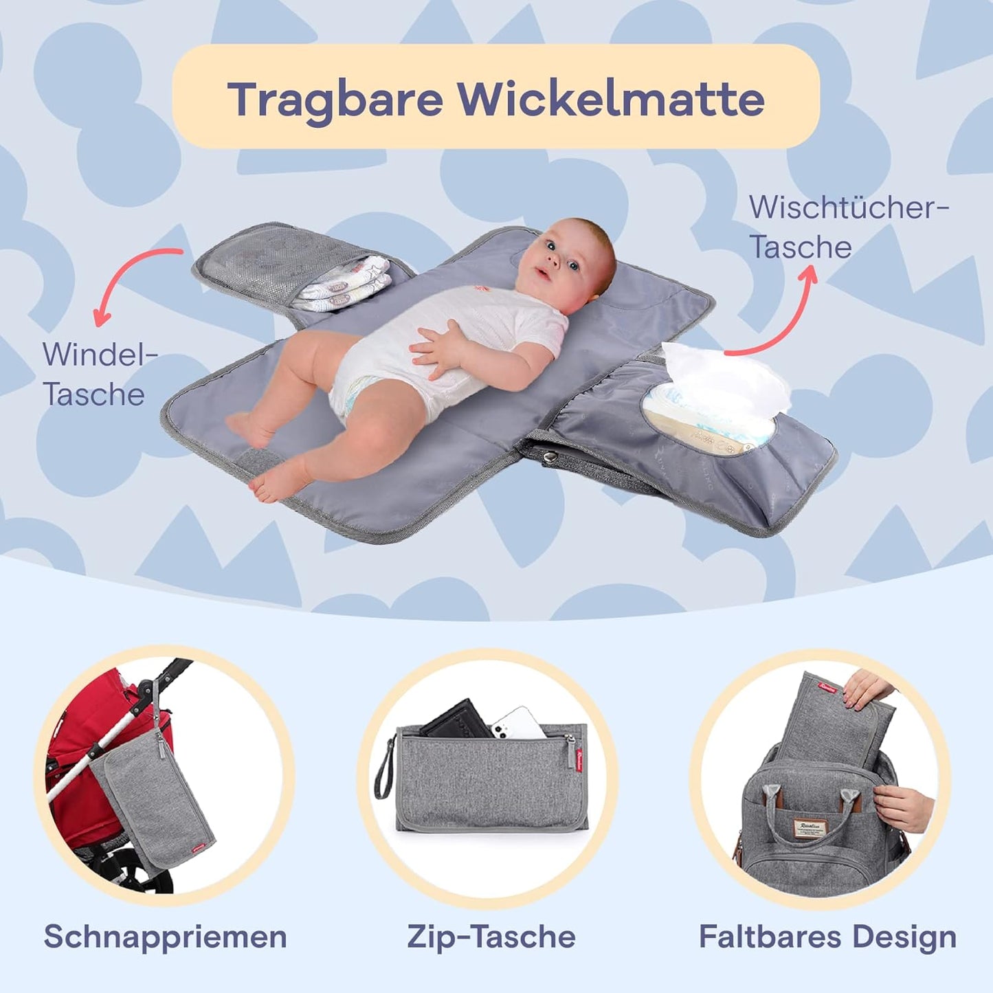 Baby-Wickelrucksack mit Wickelauflage, Grau