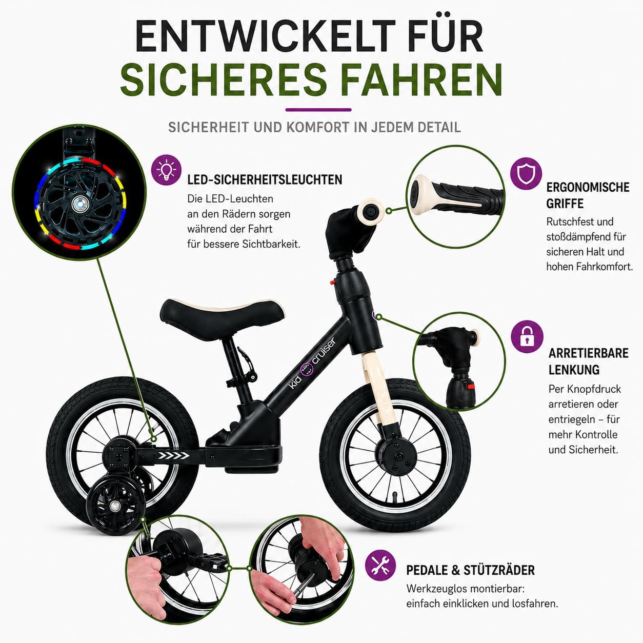 3in1 Laufrad mit LED-Rädern und Pedalen, Mattschwarz