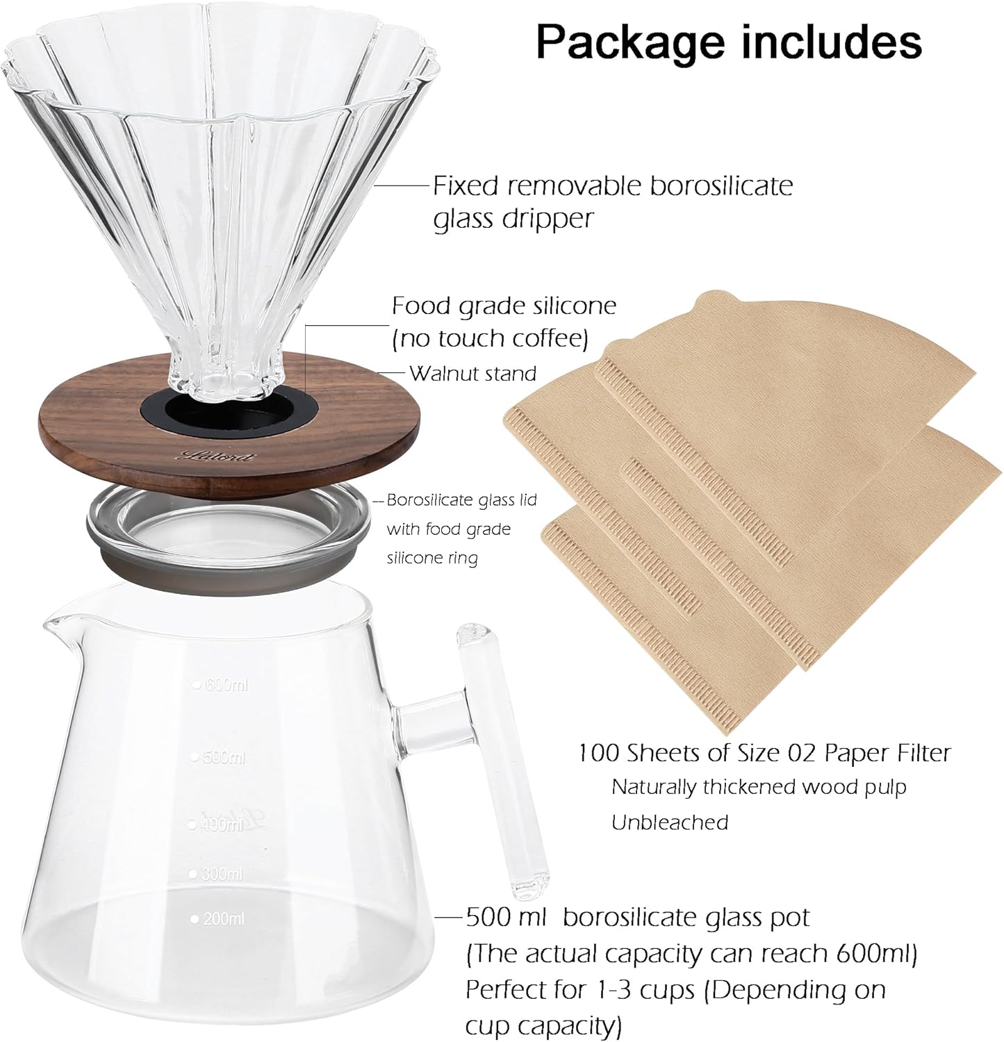 Pour Over Kaffee-Set, 600 ml(glass handle)
