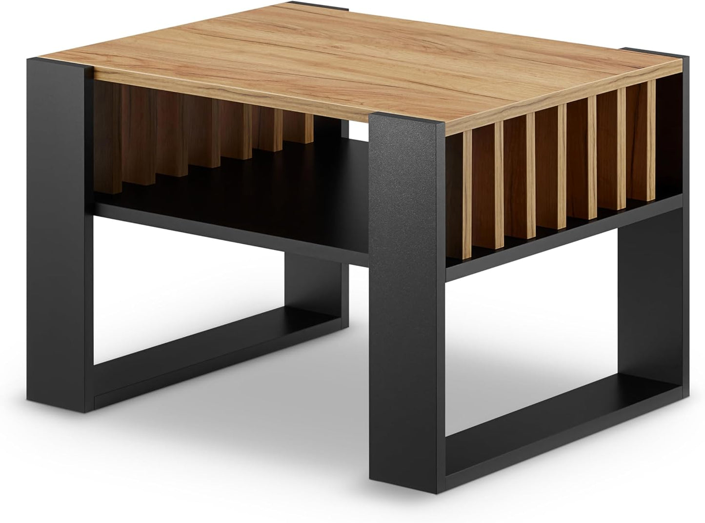 Kleiner Couchtisch mit Stauraum und Lamellen-Design, Schwarz + Eiche