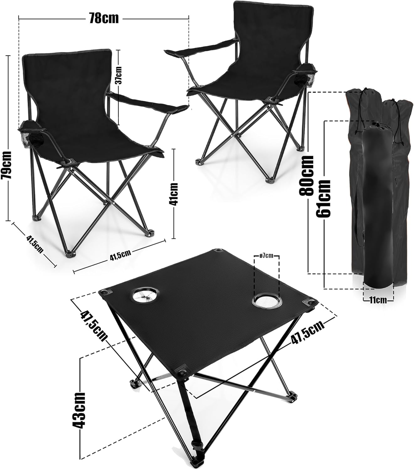 Campingstuhl & Campingtisch-Set, Schwarz