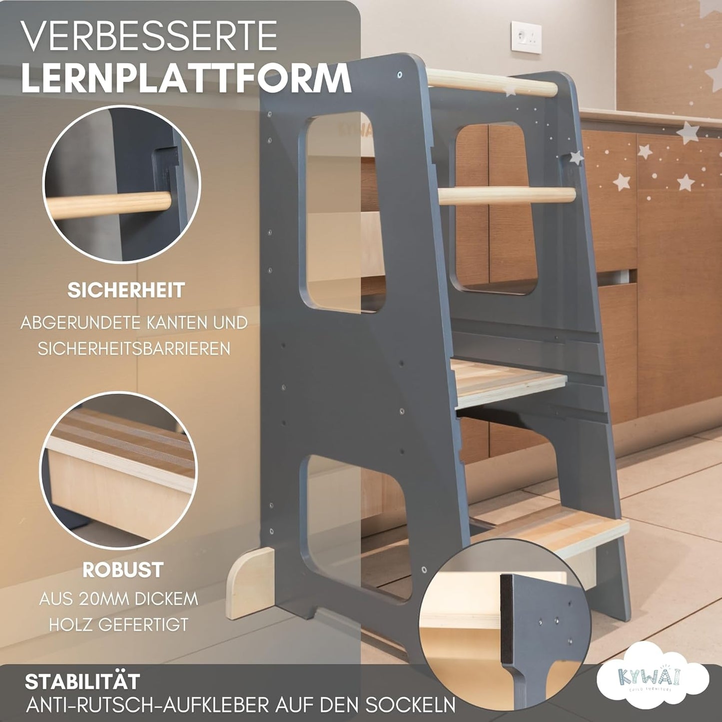 Höhenverstellbar Lernturm, Grau