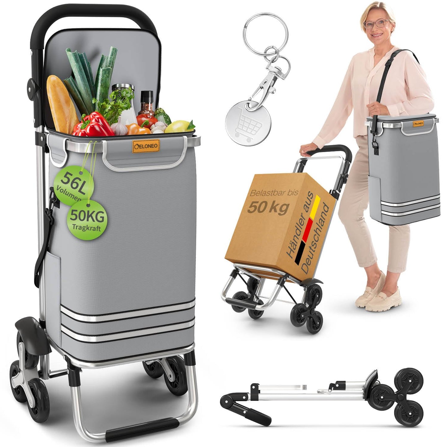 Einkaufstrolley mit Treppensteiger und Kühlfach, Treppensteiger-Trolley Grau