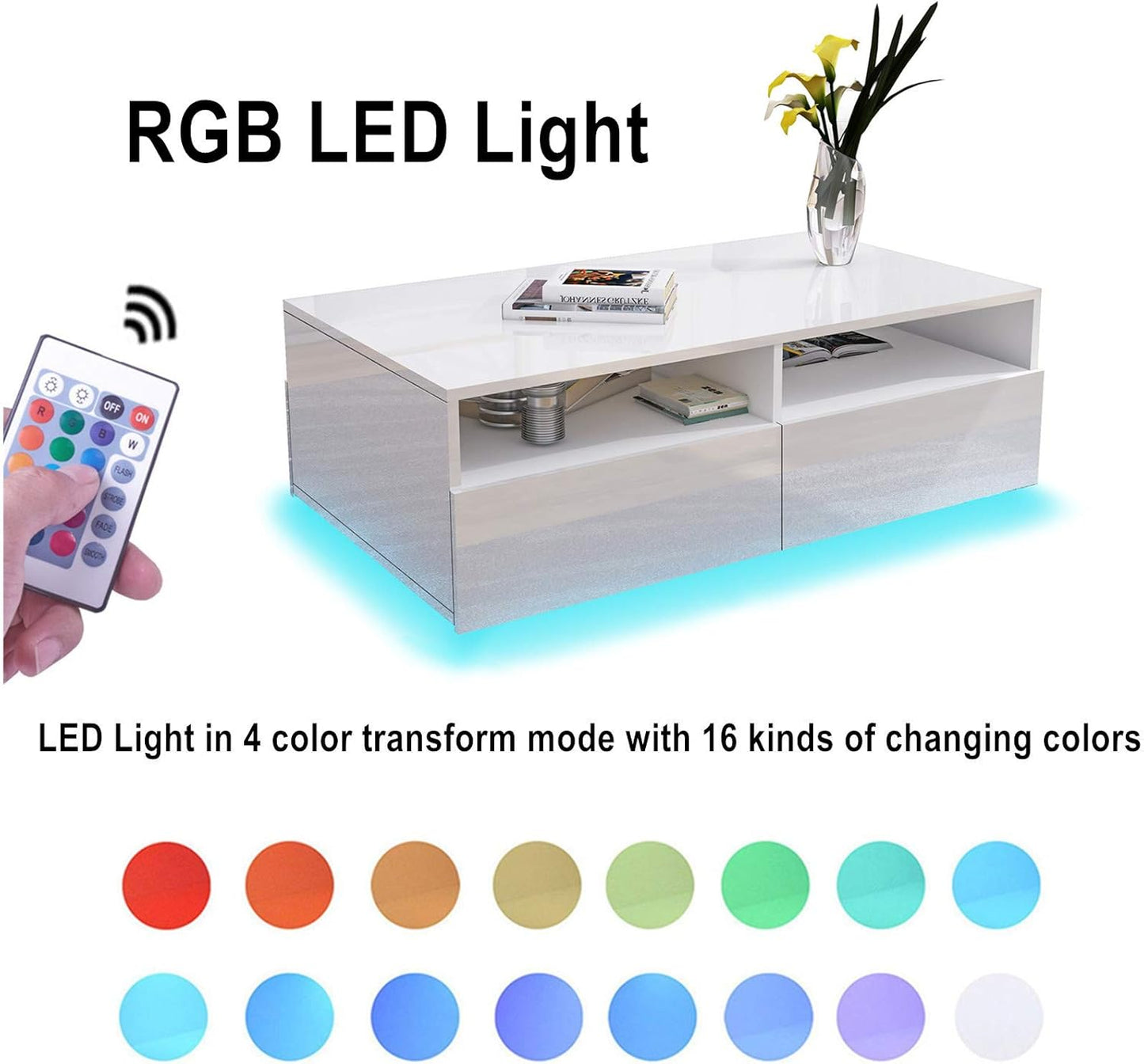 LED-Couchtisch mit Stauraum und 4 Schubladen, Weiss+led