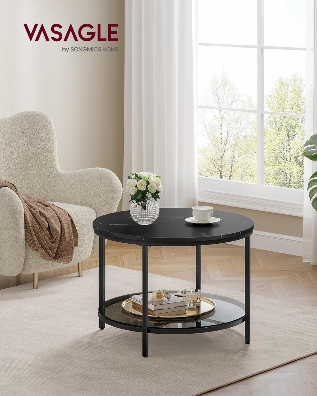 Moderner Couchtisch mit Glasplatte und Stauraum, 65d cm Marmorschwarz + Tintenschwarz