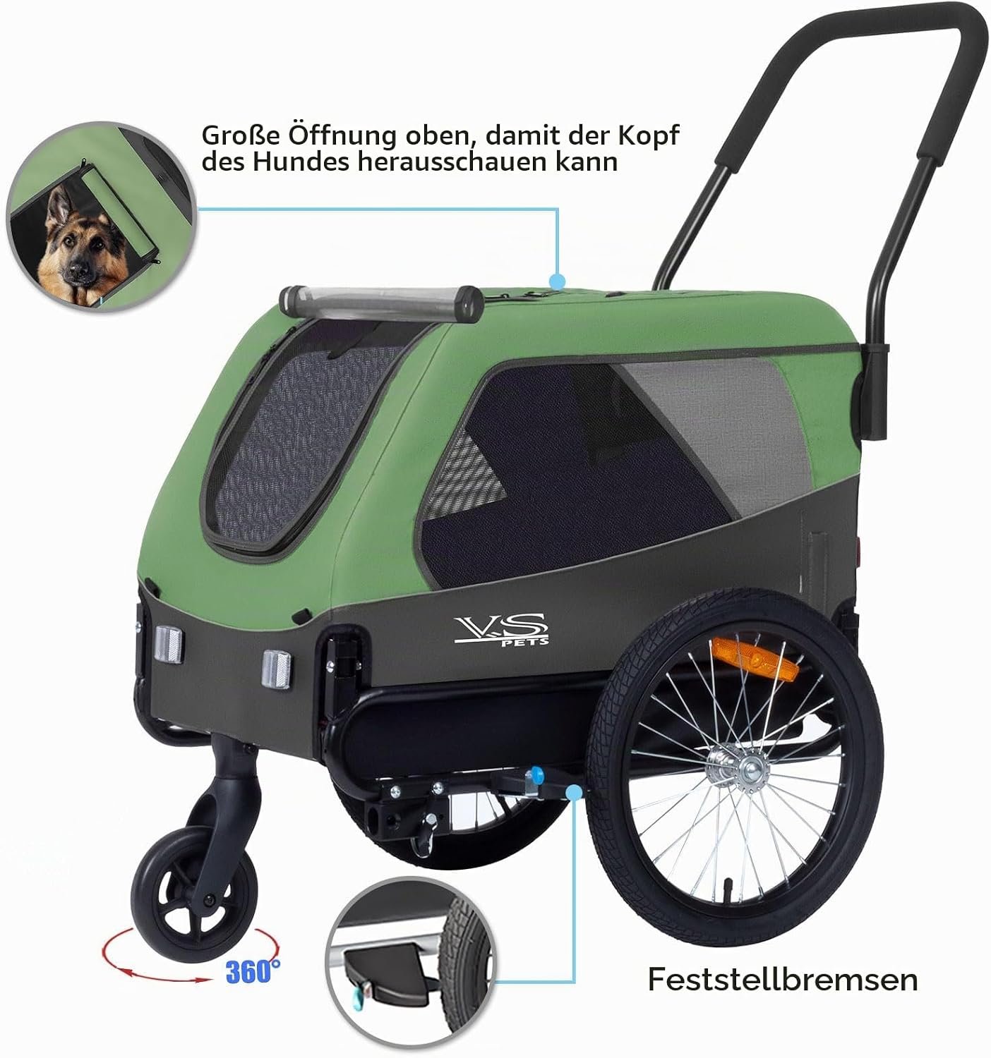 VS 2in1 Hundeanhänger & Buggy, Grün/Grau