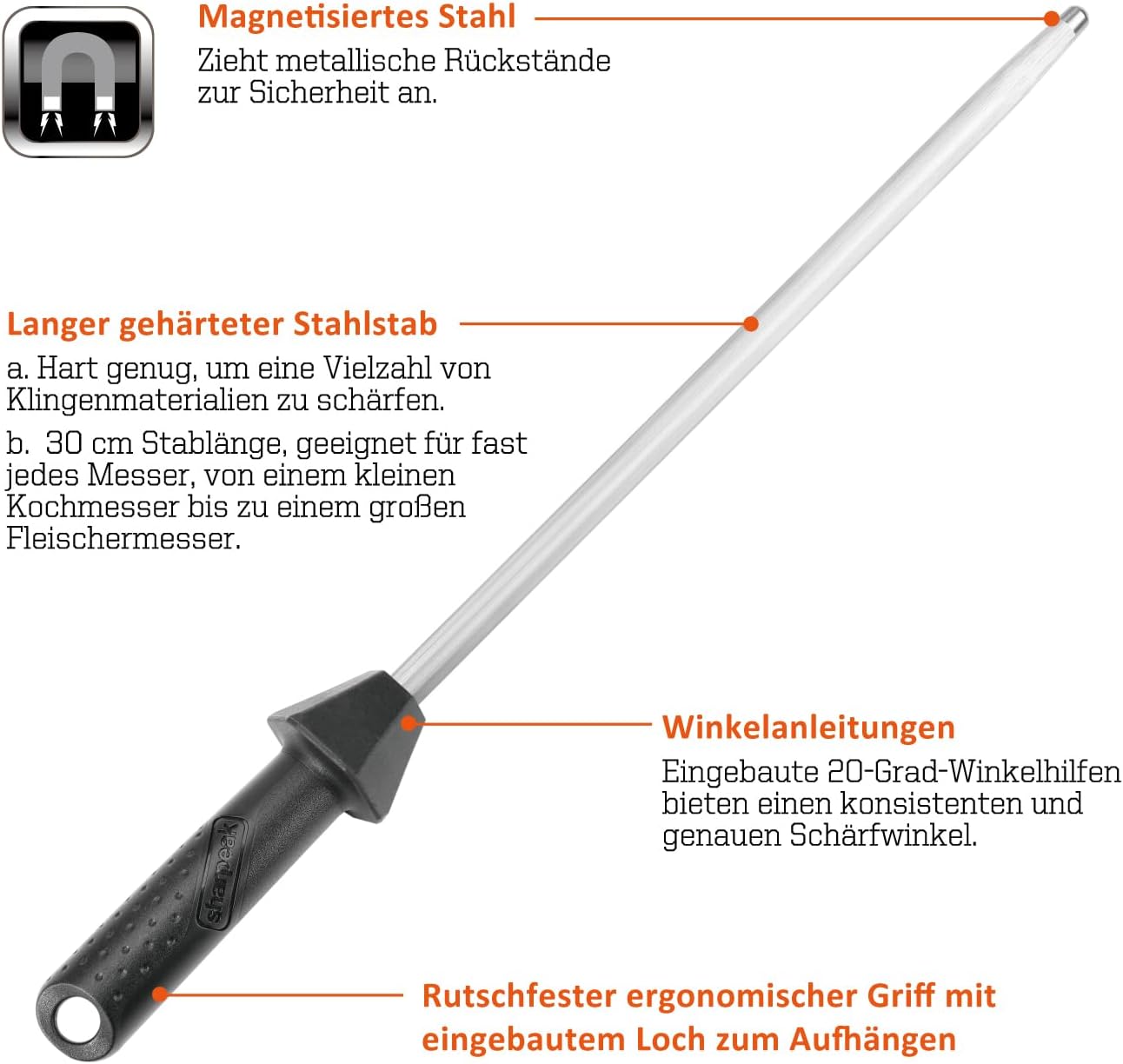 Wetzstab mit Schärfwinkel-Führungen, Gehärteter Stahl
