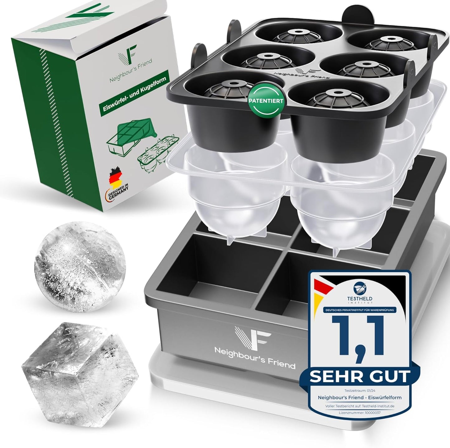 Eiskugel- und Eiswürfelform Set, 1x Eiswürfelform + 1x Eiskugelform