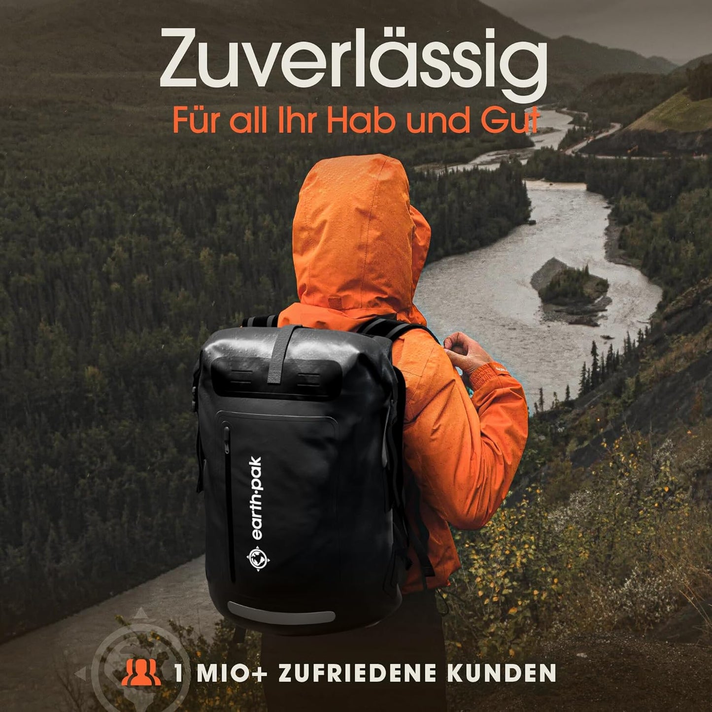 Wasserdichter Rucksack mit Rolltop und Handyhülle, 55L Schwarz