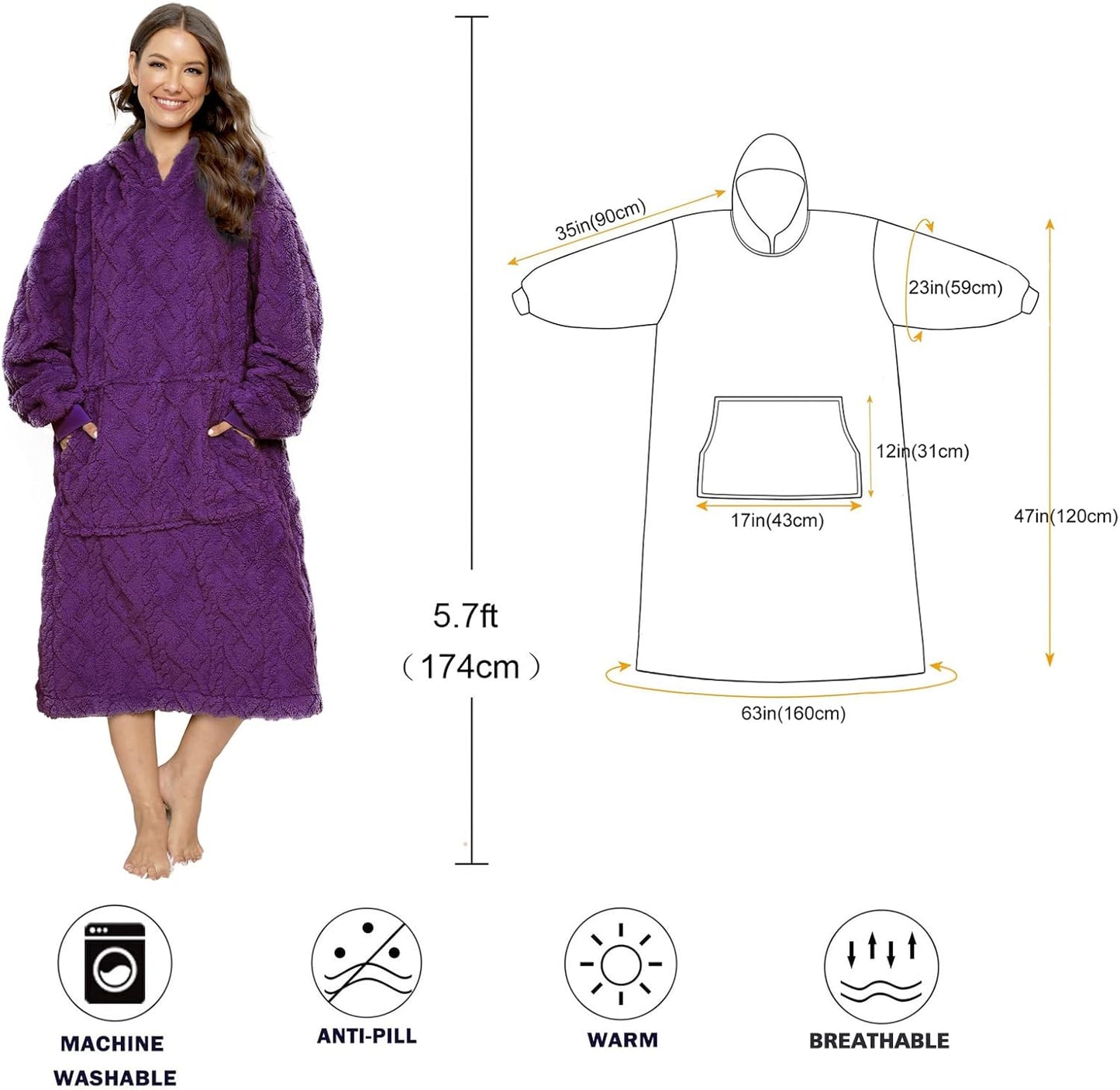 Übergrosse Sherpa-Kapuzen-Decke, Einheitsgröße Jacquard Tiefviolett