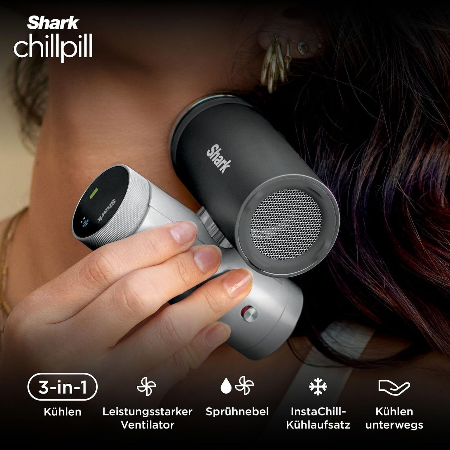 3-in-1 ChillPill Hochgeschwindigkeits-Handventilator mit Sprühnebel, Karbonschwarz