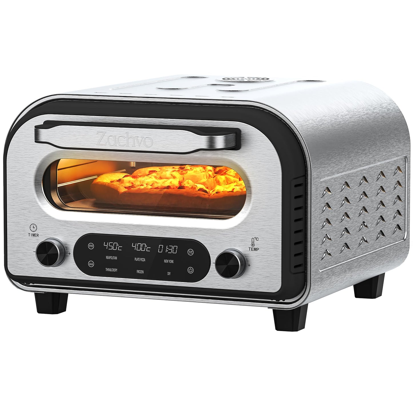 Elektrischer Pizzaofen mit 5 Programmen & Zubehör, mit Pizzaschieber&Pizzastein&Rezepten Silber