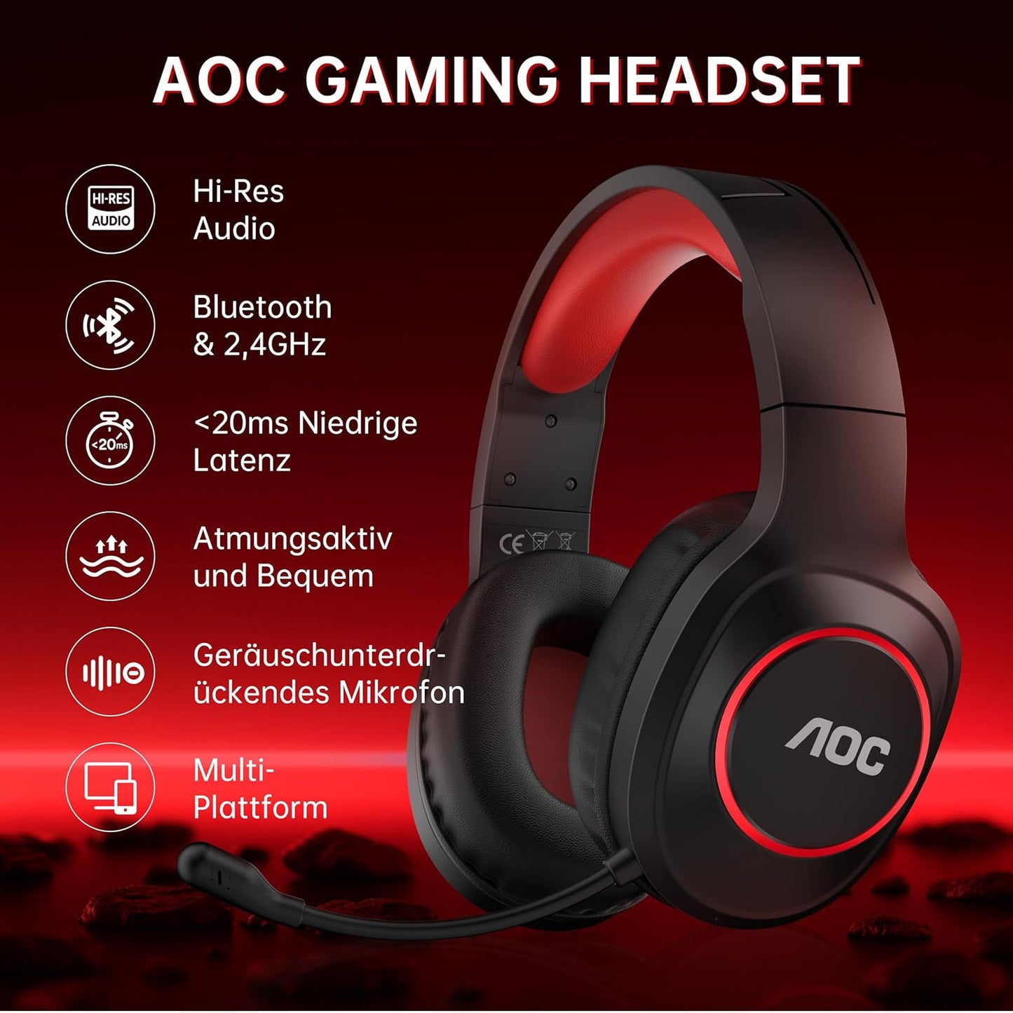 Kabelloses Gaming Headset, Red 3,5 mm Klinke