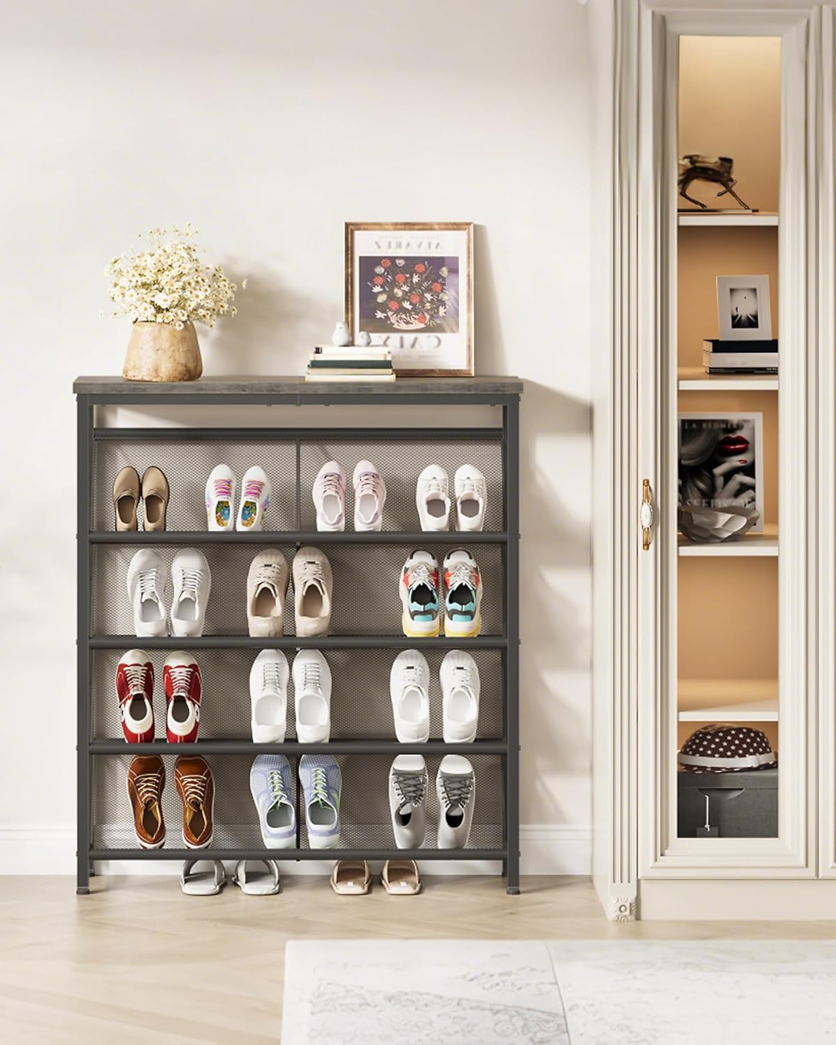 5-stufiges Schuhregal, Greige, Schwarz 75 x 20 x 105 cm