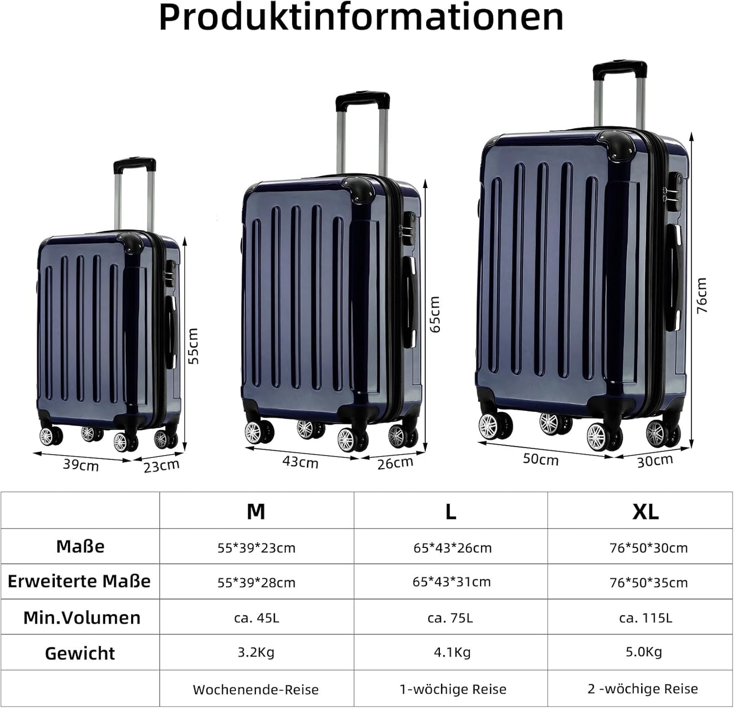 Hartschalen-Reisekoffer, Dunkelblau 76cm -110L