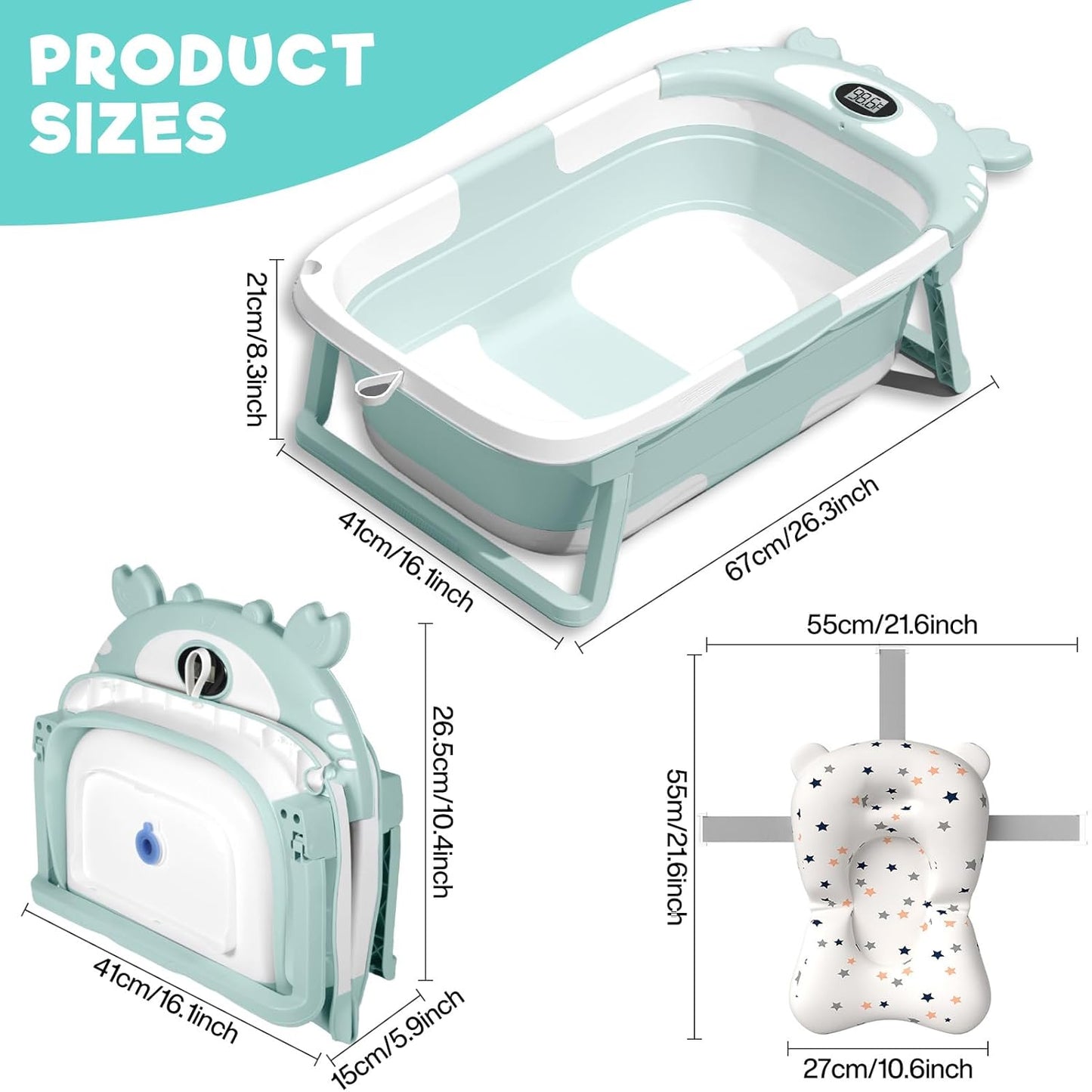Faltbare Babybadewanne mit Thermometer und Badematte, Green