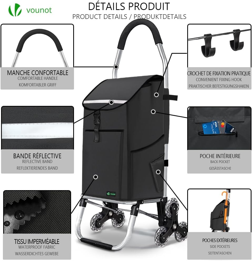 Einkaufstrolley mit Treppensteiger-Funktion, 58L Schwarz