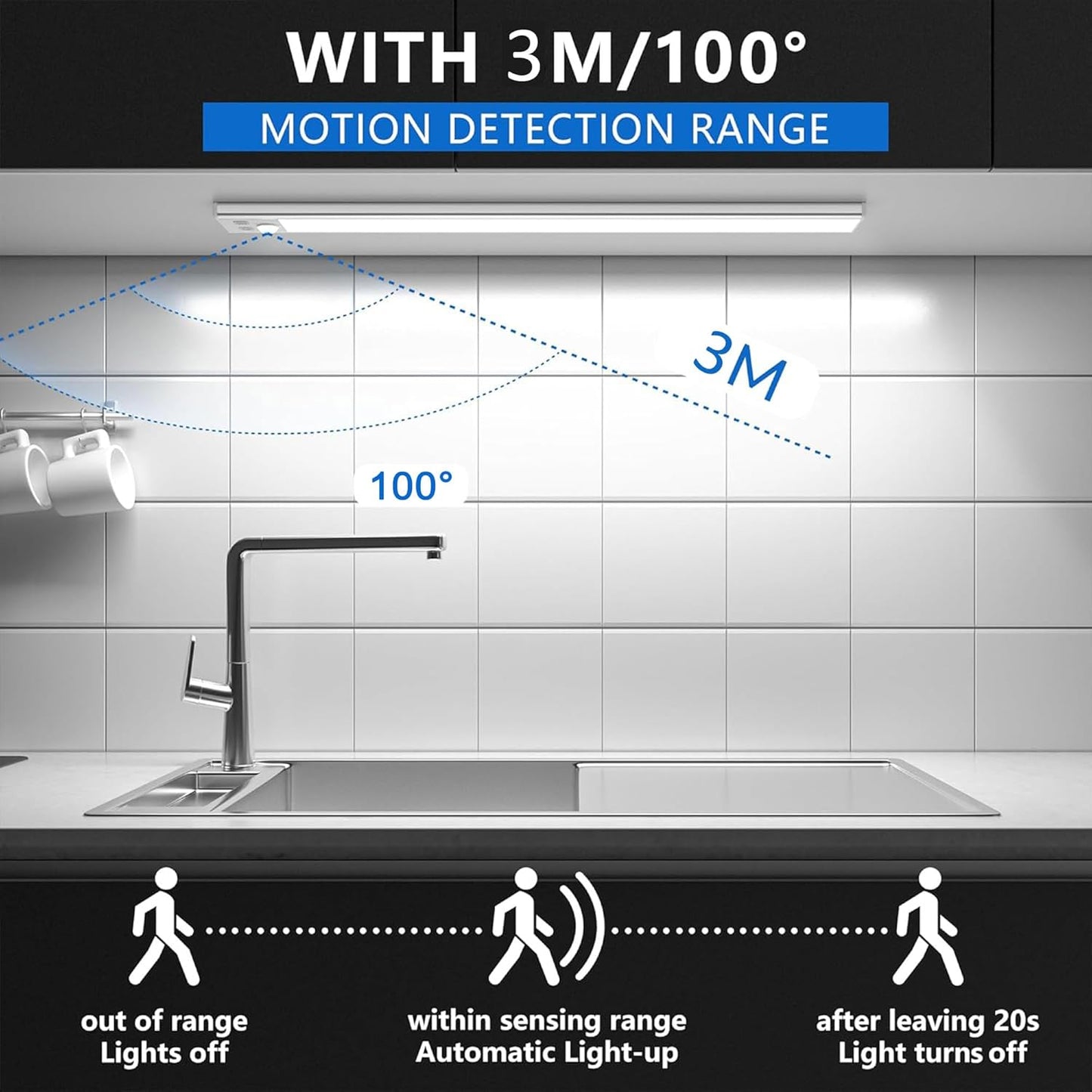 Unterbauleuchte LED mit Bewegungsmelder, dimmbar, 3000k/4000k/6500k, 41cm