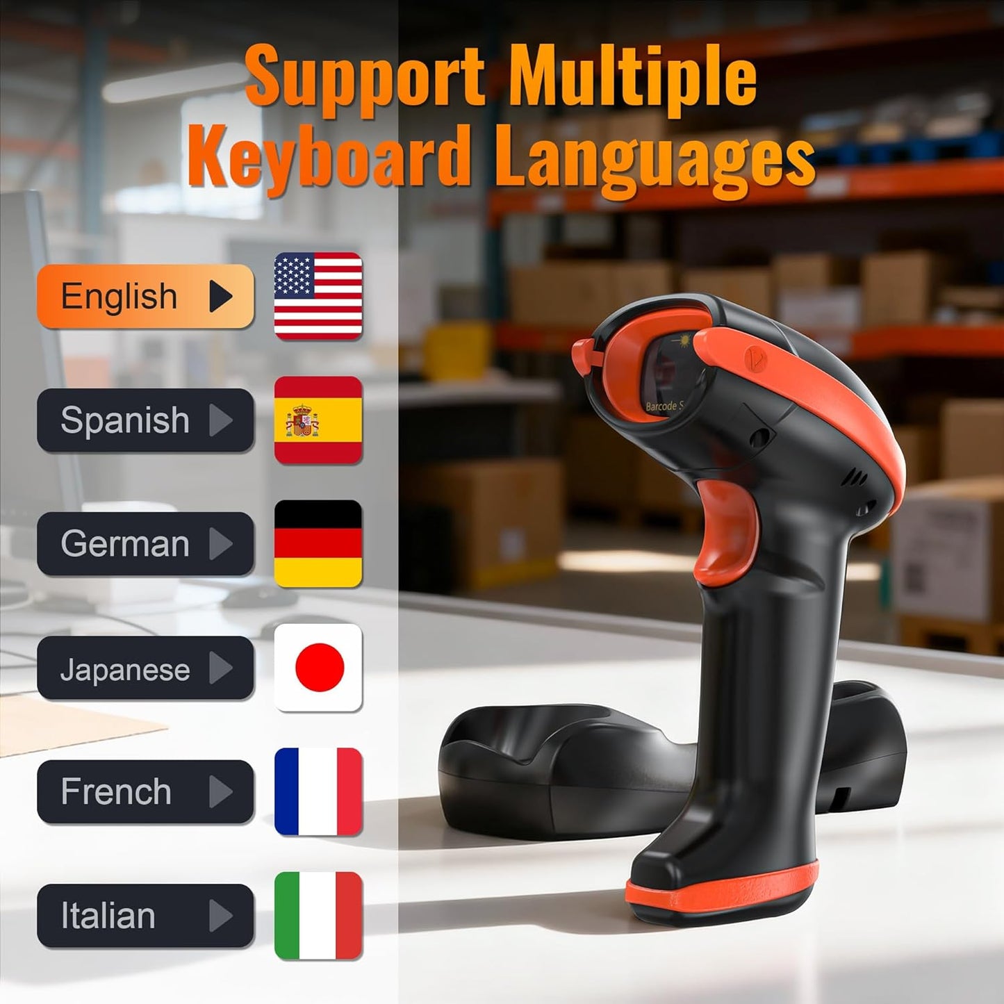 2D/1D Barcode-Scanner mit Ladestation und USB-Kabel, Mandarinfarben