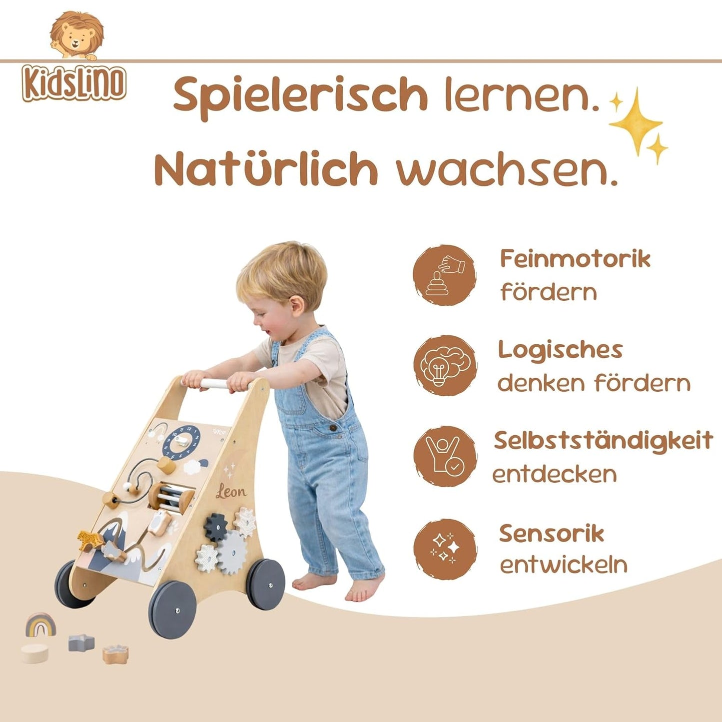 Lauflernwagen aus Holz mit Motorikspiel, Natur/Weiss (neutral).