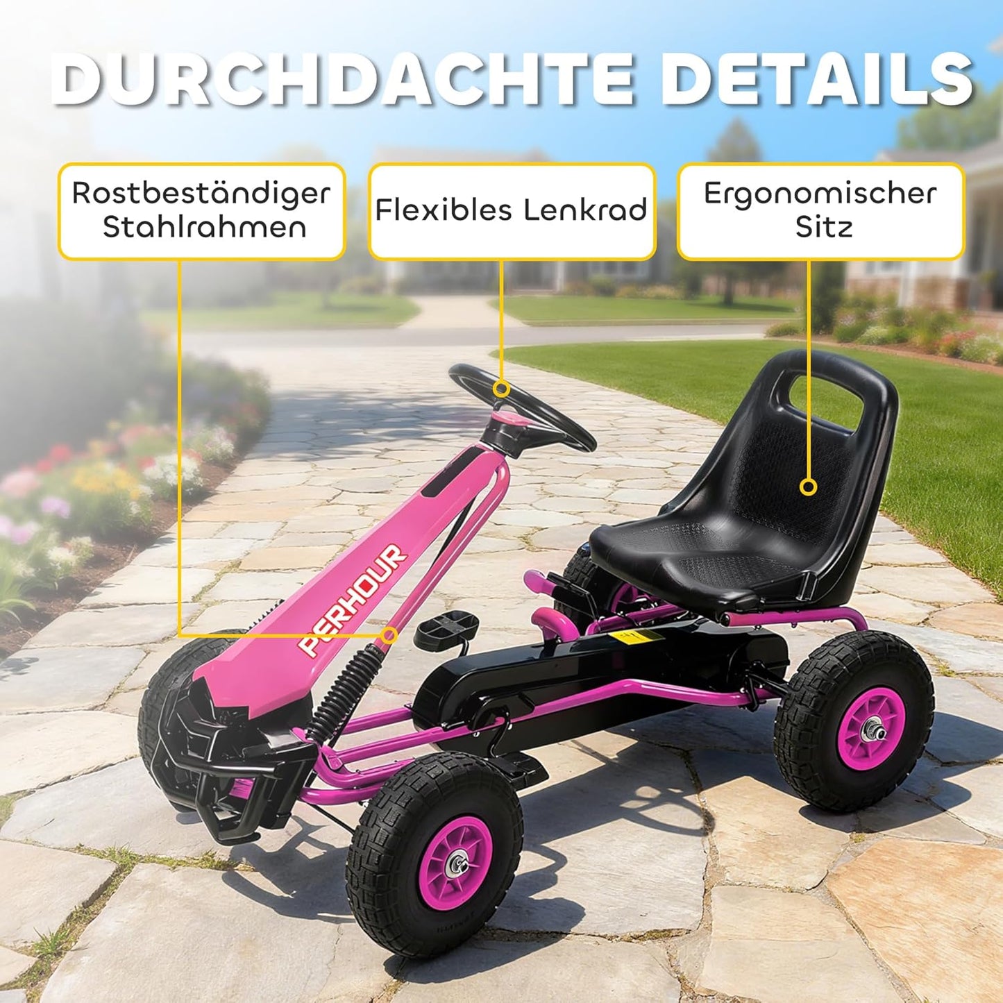 Kinder-Gokart mit verstellbarem Sitz und Handbremse, Rosa