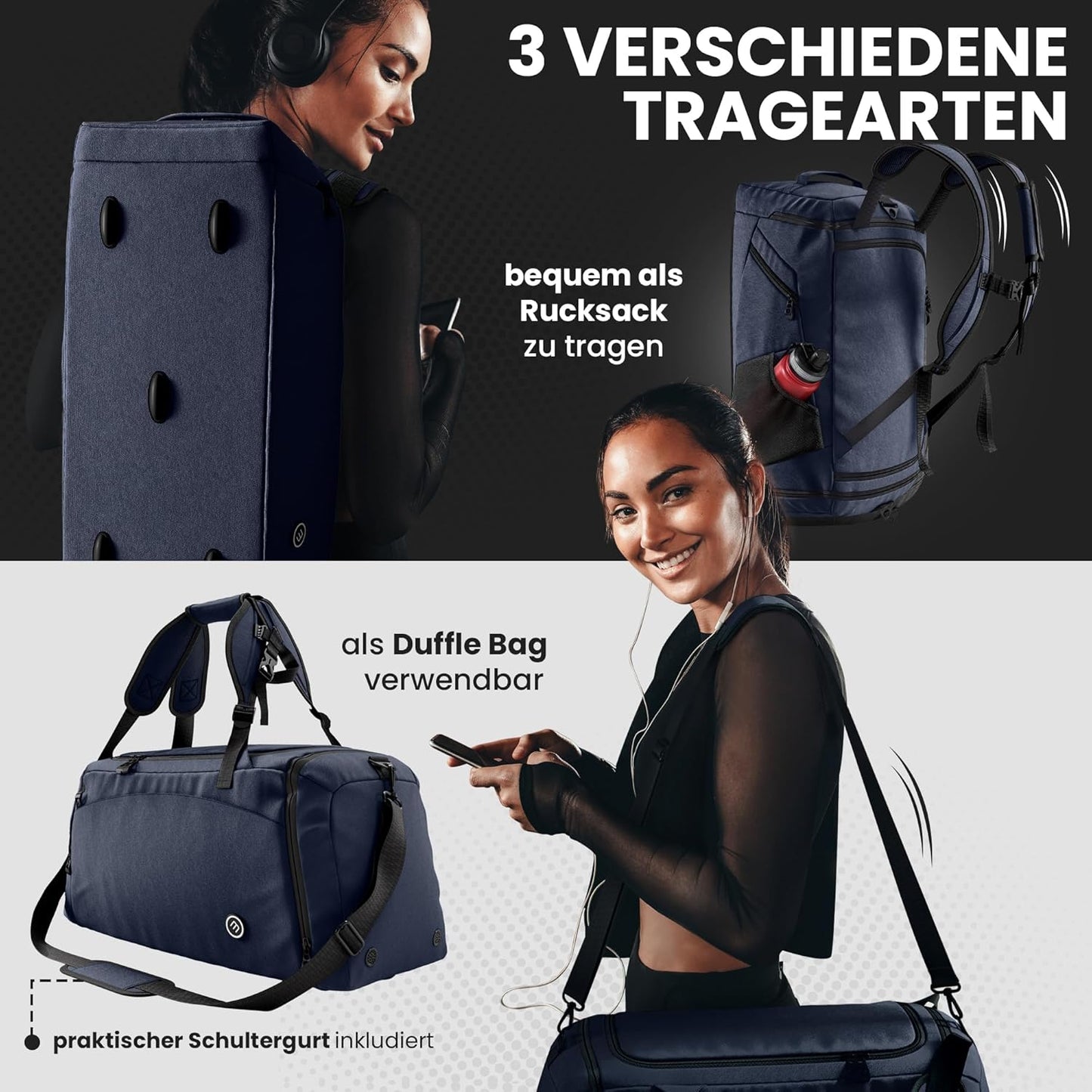 Sporttasche mit Rucksack- und Nassfachfunktion, 40 L Blau