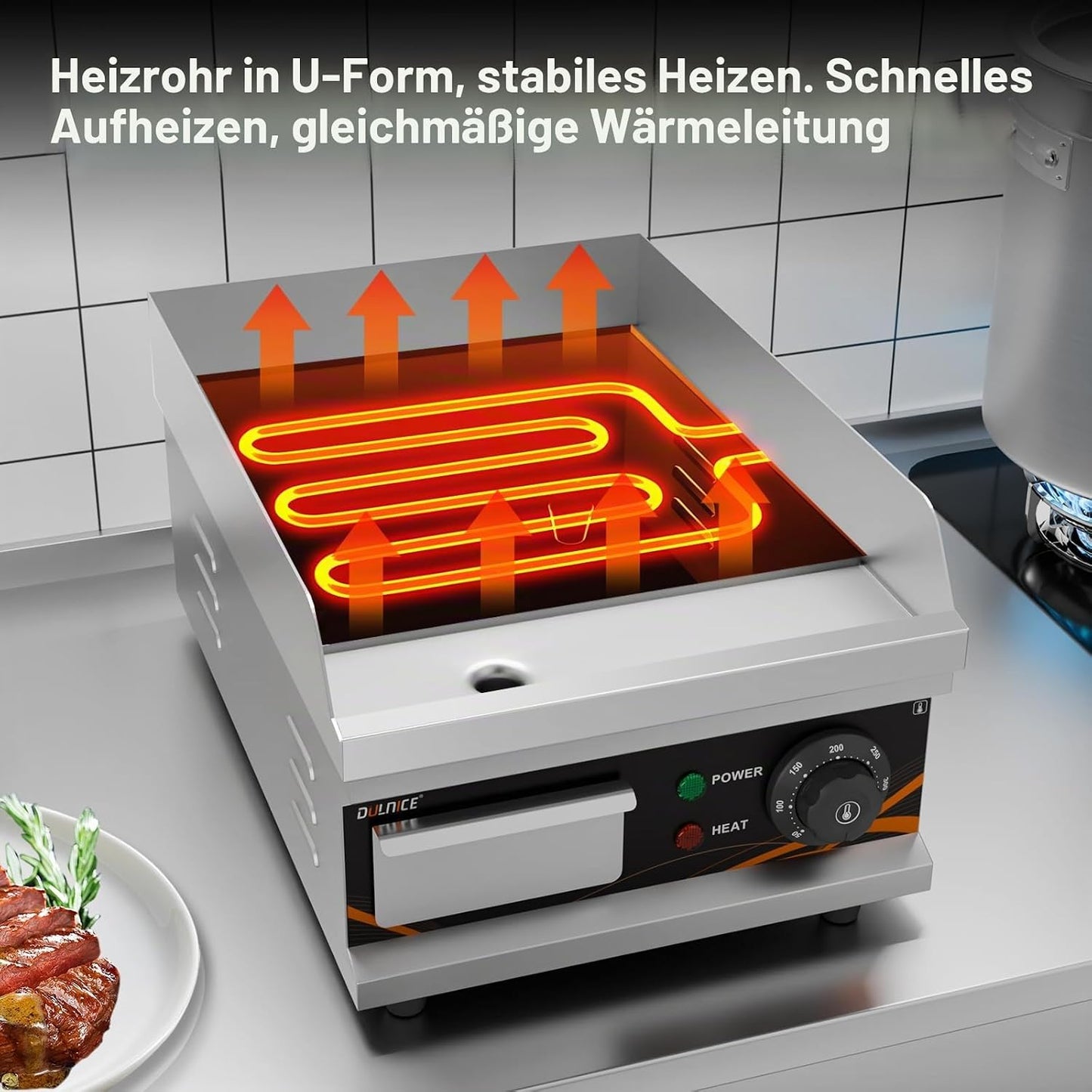 Elektrische Grillplatte mit Temperaturregelung, Silber, 28cm, 1