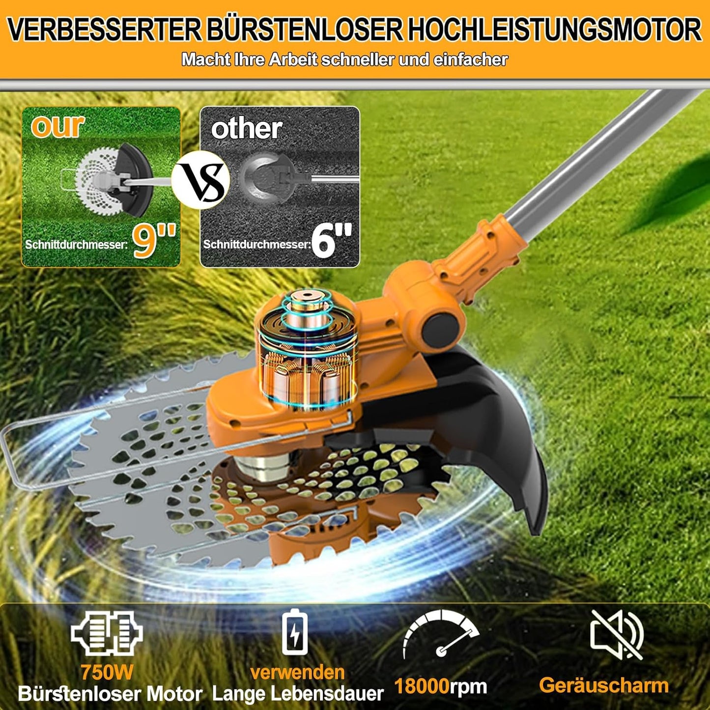 4-in-1 Akku-Rasentrimmer mit Unkrautbürste, orange