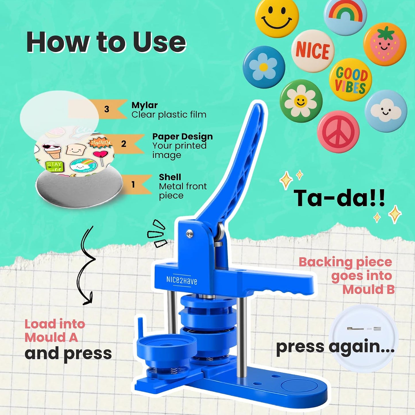 Buttonmaschine mit Zubehör, Blau - Multi Mold