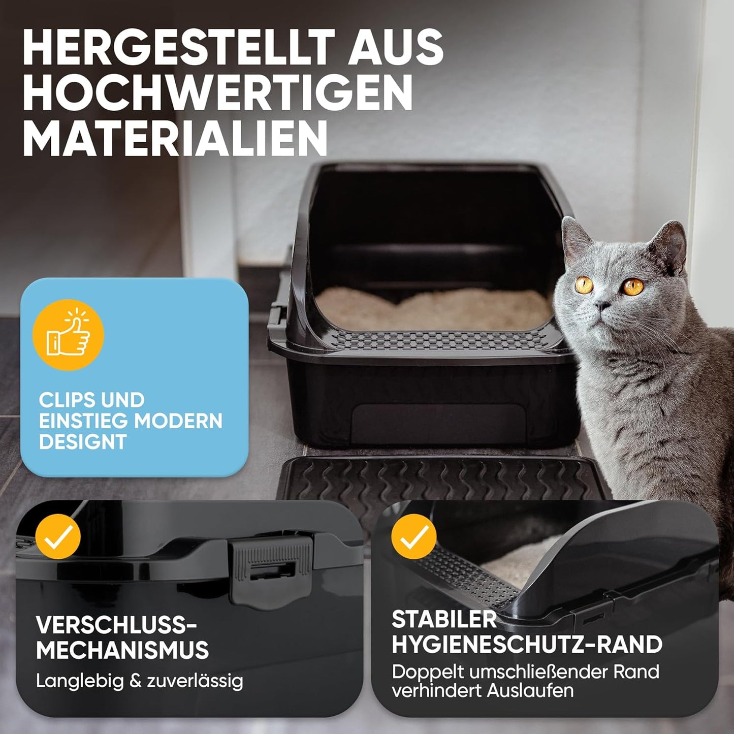 Katzentoilette mit hohem Rand, Schaufel und Streumatte, offen schwarz
