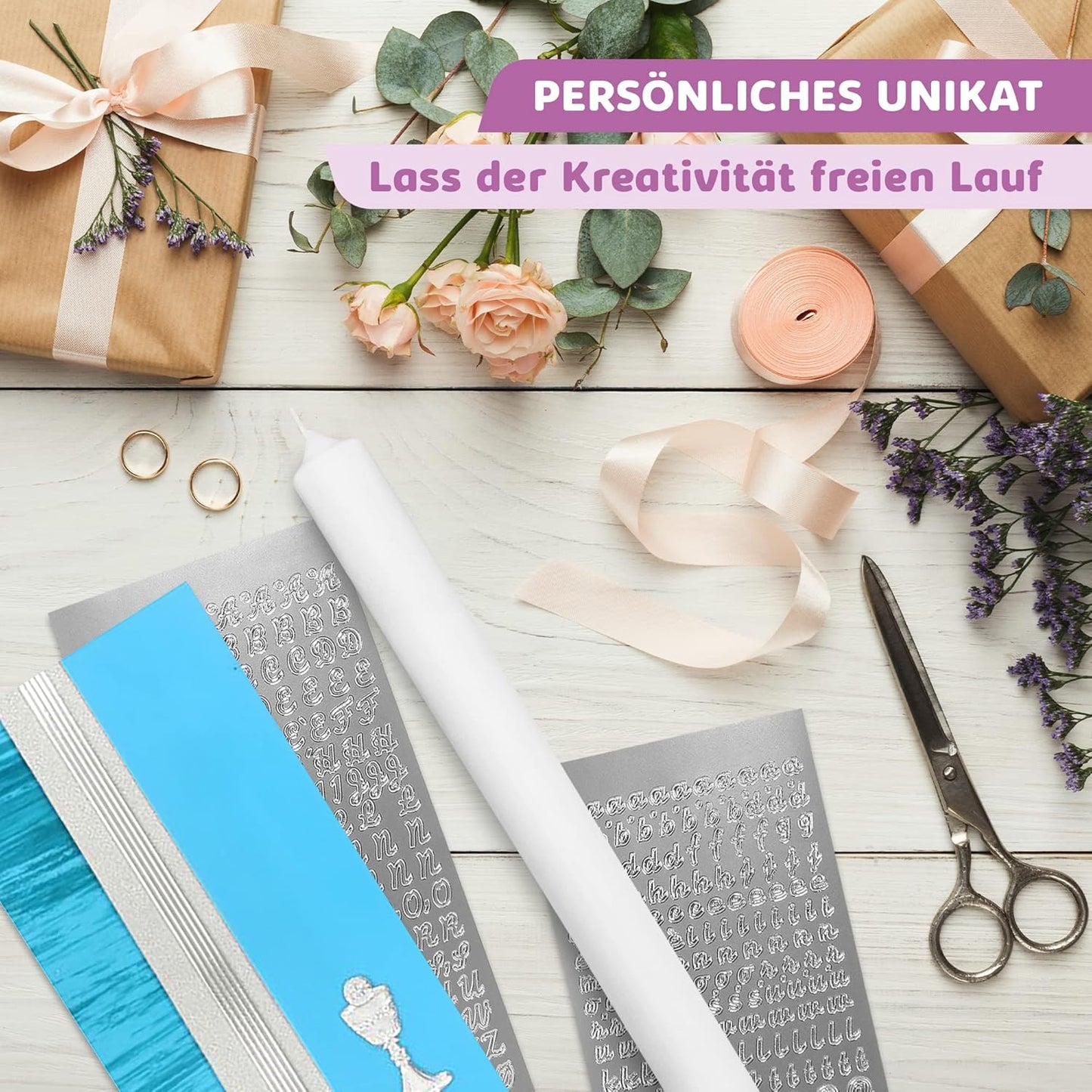 Kerzen-Rohling Set für Taufe oder Hochzeit gestalten, Türkis mit Kelch Kerze 40x4 cm | Weiss