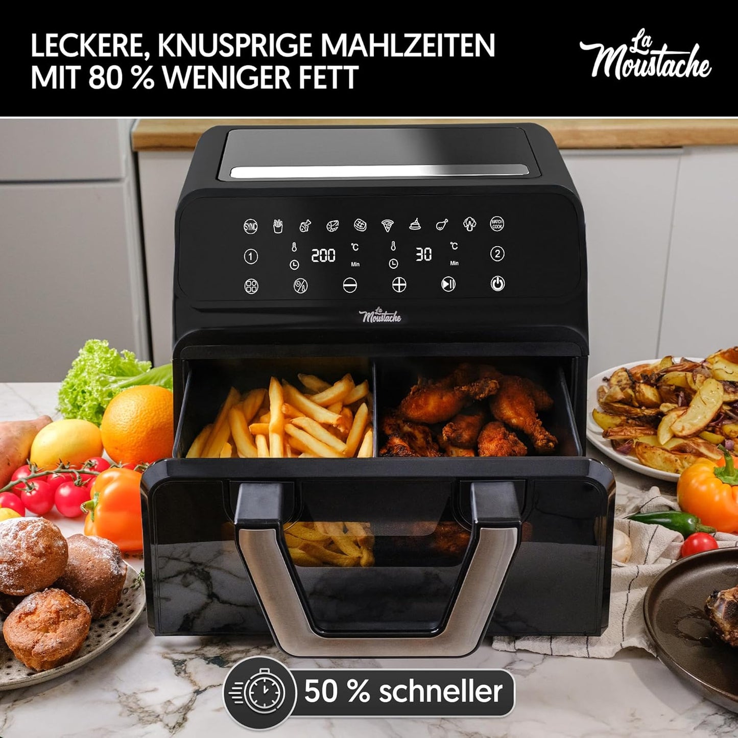 Heissluftfritteuse mit Antihaftbeschichtung, 9L Schwarz - Twinfry
