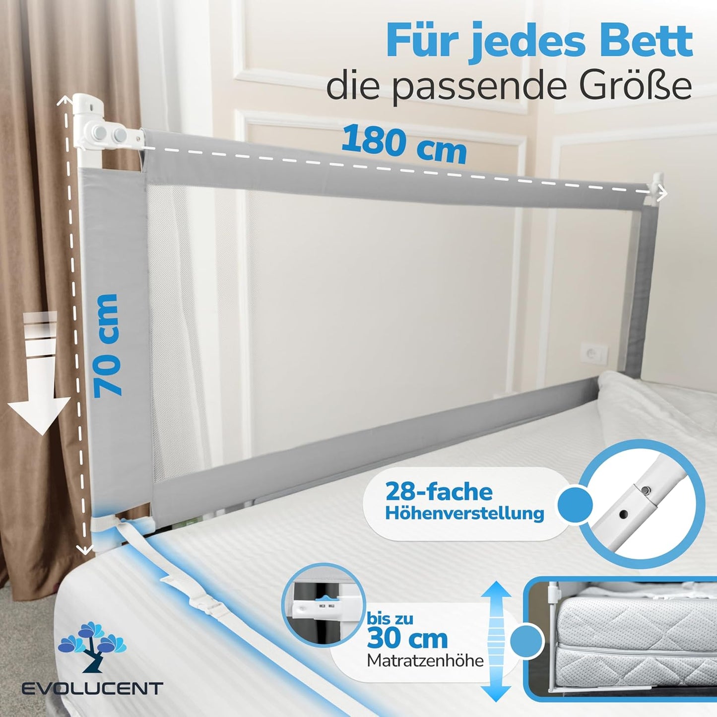Höhenverstellbares Bettgitter für Boxspringbett, 180 cm