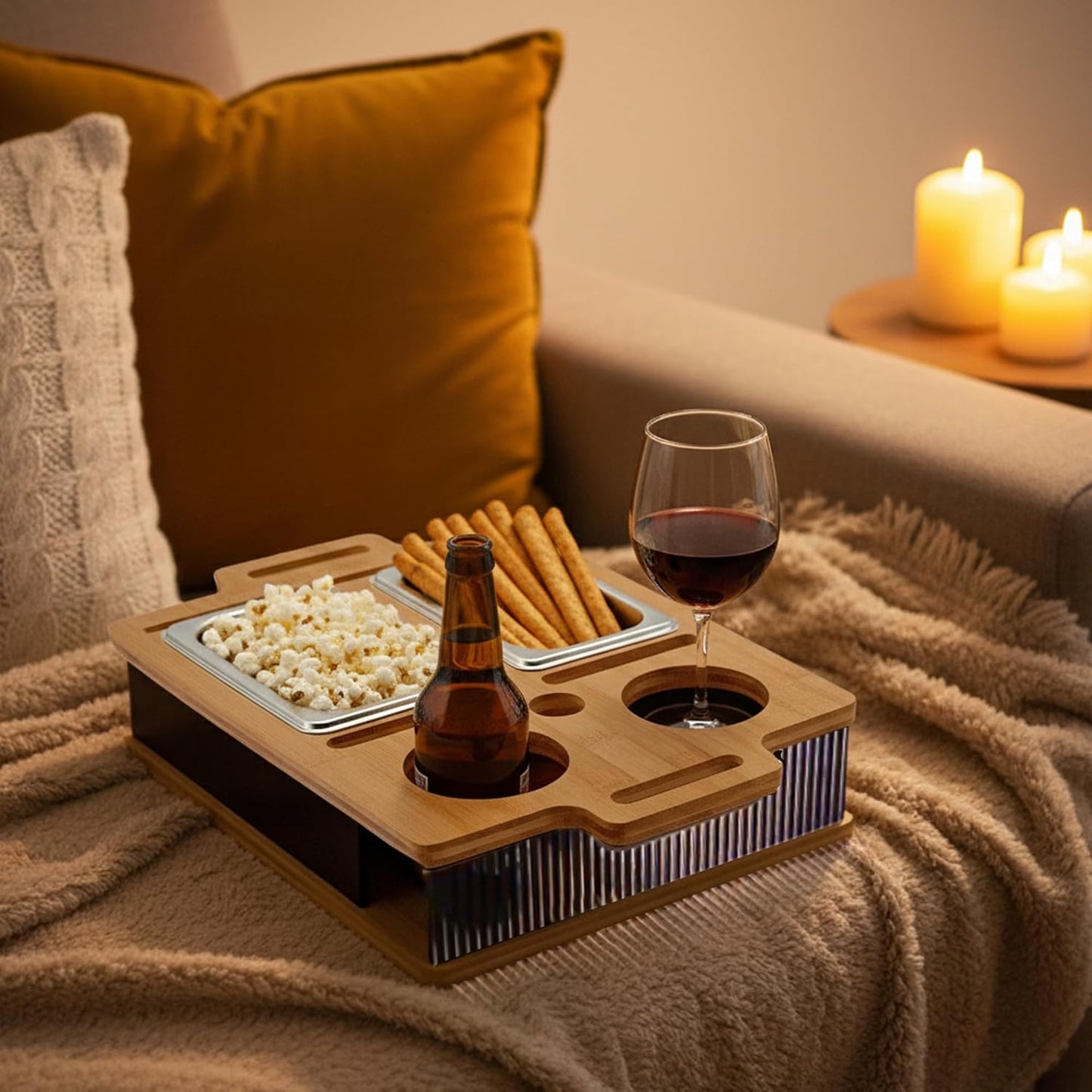 Couchbar mit Leuchteffekt, Schalen,Handy- & Getränkehalter