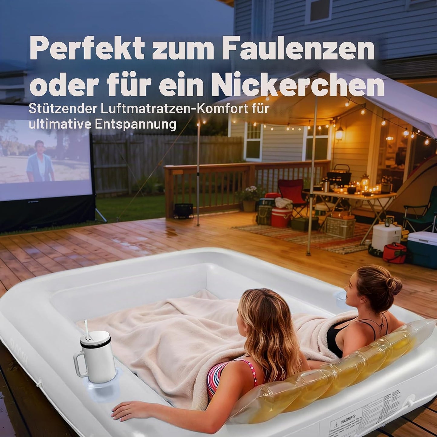 Aufblasbarer Sonnenpool mit abnehmbarem Kissen und Getränkehalter, Gold-Weiss XL