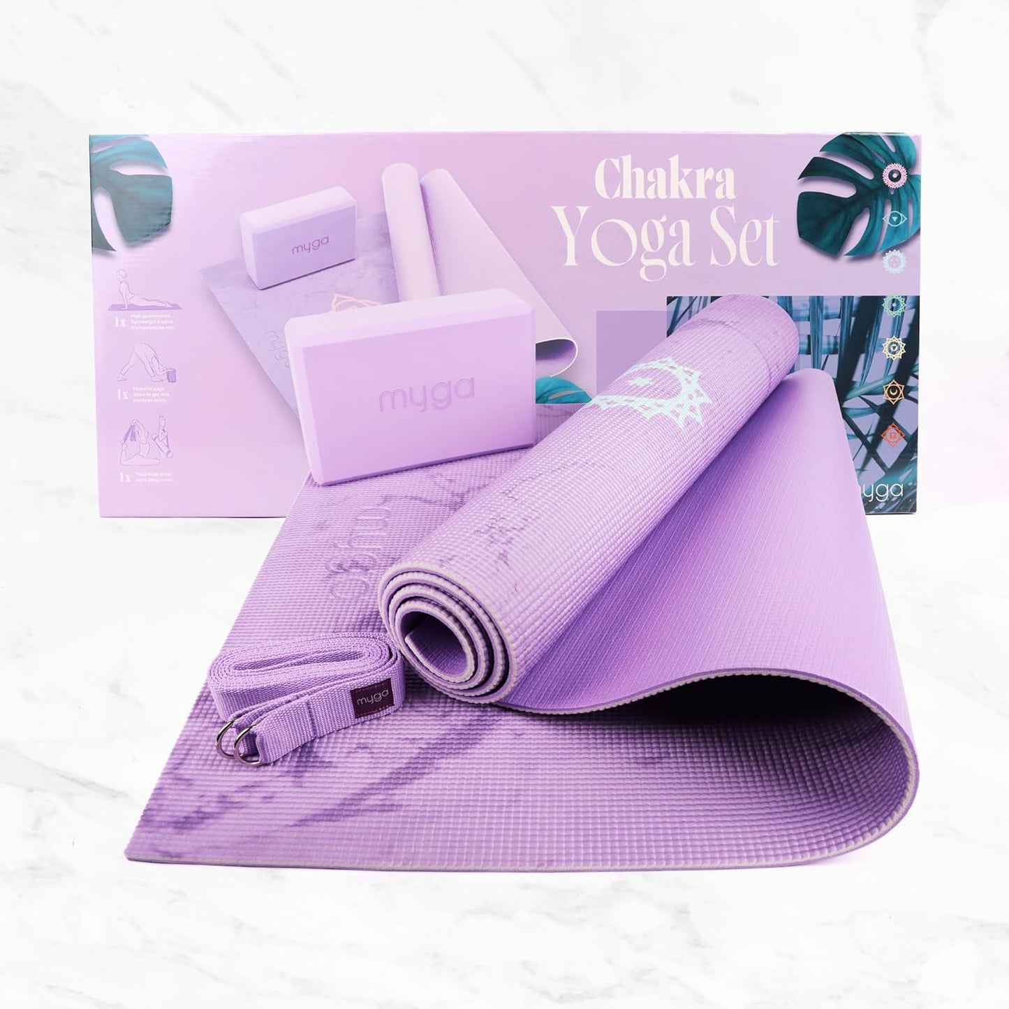 Yoga Starter Kit mit Matte, Block & Gurt, Chakra